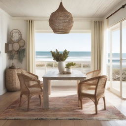 A bohemian-style living room in a beach house with a large wooden dining table measuring 240x120 cm at the center, surrounded by six eclectic chairs