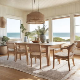 A bohemian-style living room in a beach house with a large wooden dining table measuring 240x120 cm at the center, surrounded by six eclectic chairs