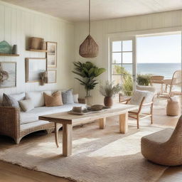 A bohemian-style living room in a beach house with a large wooden dining table measuring 240x120 cm at the center, surrounded by six eclectic chairs