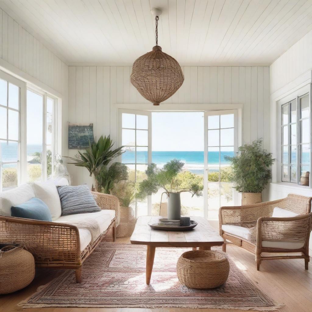 A bohemian-style living room in a beach house with a large wooden dining table measuring 240x120 cm at the center, surrounded by six eclectic chairs