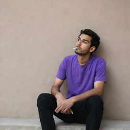 A 25-year-old Iranian Muslim man, clad in a purple t-shirt and black pants, in thoughtful solitude, sitting behind a wall and quietly smoking.