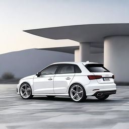 A white Audi A3 Sportback with a slight float shape, giving it an inflated appearance while retaining its realistic car features