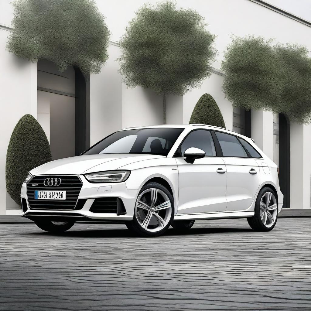 A white Audi A3 Sportback with a slight float shape, giving it an inflated appearance while retaining its realistic car features