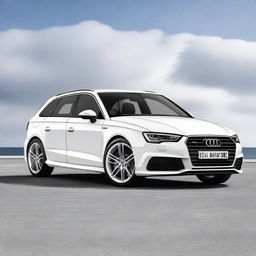 A white Audi A3 Sportback with a slight float shape, giving it an inflated appearance while retaining its realistic car features