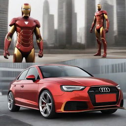 A sleek Audi A3 car designed in the style of Ironman, featuring a metallic red and gold color scheme, with futuristic elements and a high-tech look inspired by Ironman's armor