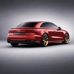 A sleek Audi A3 car designed in the style of Ironman, featuring a metallic red and gold color scheme, with futuristic elements and a high-tech look inspired by Ironman's armor