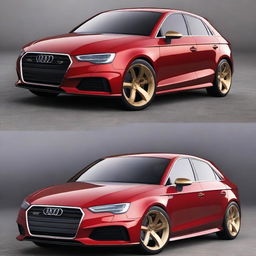 A sleek Audi A3 car designed in the style of Ironman, featuring a metallic red and gold color scheme, with futuristic elements and a high-tech look inspired by Ironman's armor