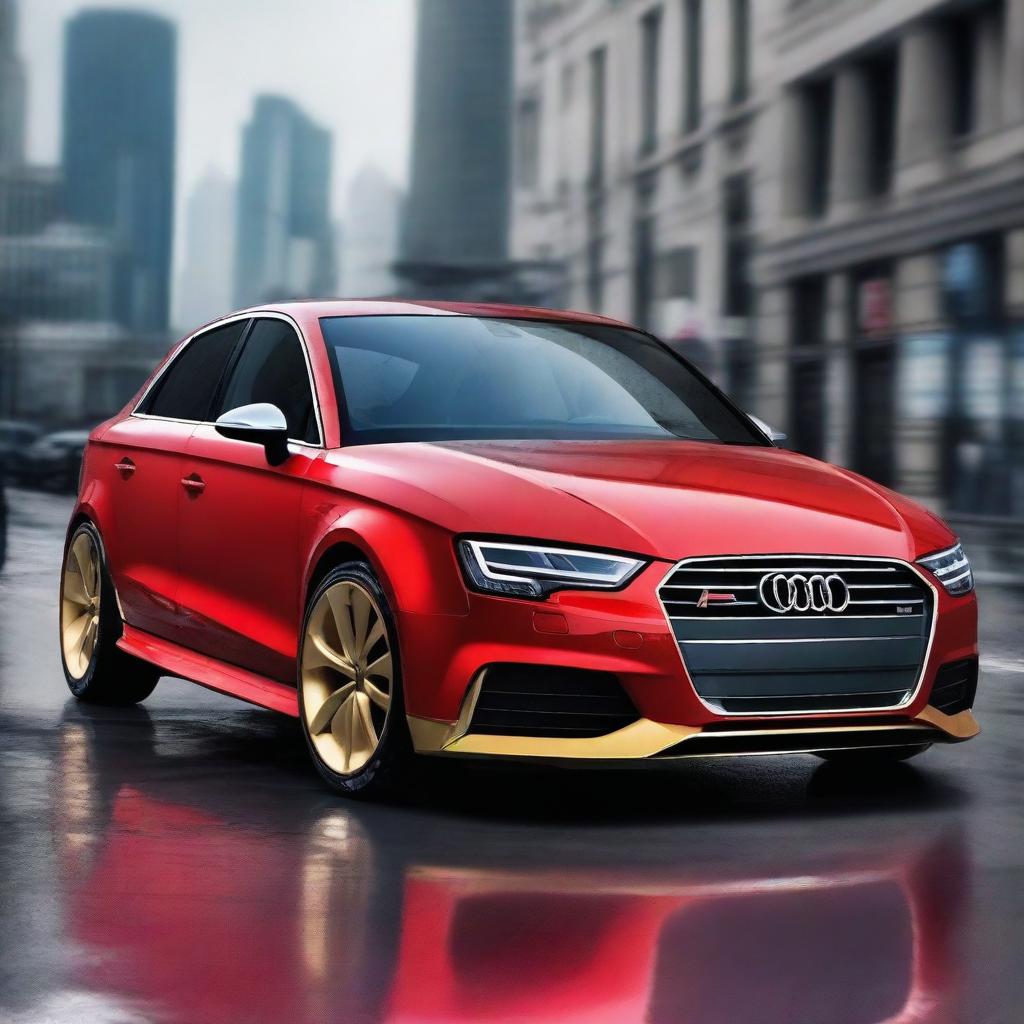 A sleek Audi A3 car designed in the style of Ironman, featuring a metallic red and gold color scheme, with futuristic elements and a high-tech look inspired by Ironman's armor