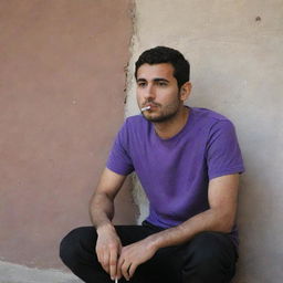 A 25-year-old Iranian Muslim man, clad in a purple t-shirt and black pants, in thoughtful solitude, sitting behind a wall and quietly smoking.