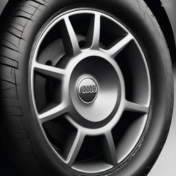 A detailed close-up image of a car tire, designed to incorporate elements of an Audi car