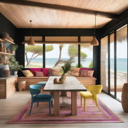 A spacious bohemian-style living room designed for a beach house, featuring a large wooden dining table measuring 240x120 cm at the center