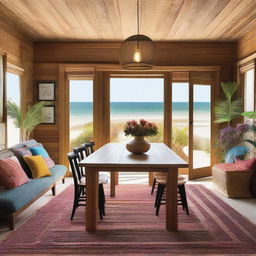 A spacious bohemian-style living room designed for a beach house, featuring a large wooden dining table measuring 240x120 cm at the center