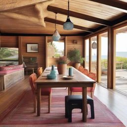 A spacious bohemian-style living room designed for a beach house, featuring a large wooden dining table measuring 240x120 cm at the center