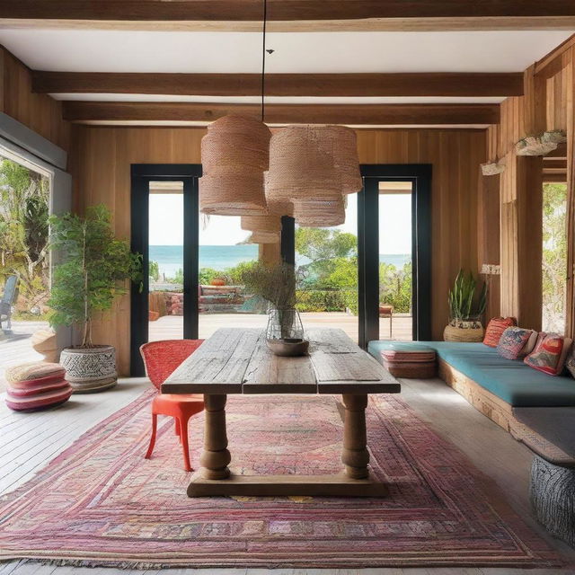 A spacious bohemian-style living room designed for a beach house, featuring a large wooden dining table measuring 240x120 cm at the center