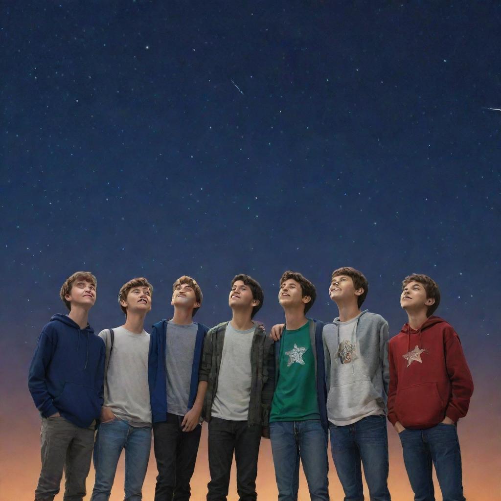 Create a high-definition, animated image of five teenage boys standing together, looking up at the star-filled night sky.