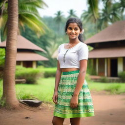 A beautiful teenage girl from Kerala, dressed in a traditional yet modern short skirt, standing in a picturesque village setting