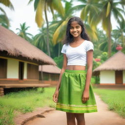 A beautiful teenage girl from Kerala, dressed in a traditional yet modern short skirt, standing in a picturesque village setting