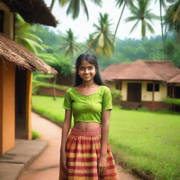 A beautiful teenage girl from Kerala, dressed in a traditional yet modern short skirt, standing in a picturesque village setting