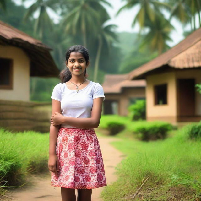 A beautiful teenage girl from Kerala, dressed in a traditional yet modern short skirt, standing in a picturesque village setting