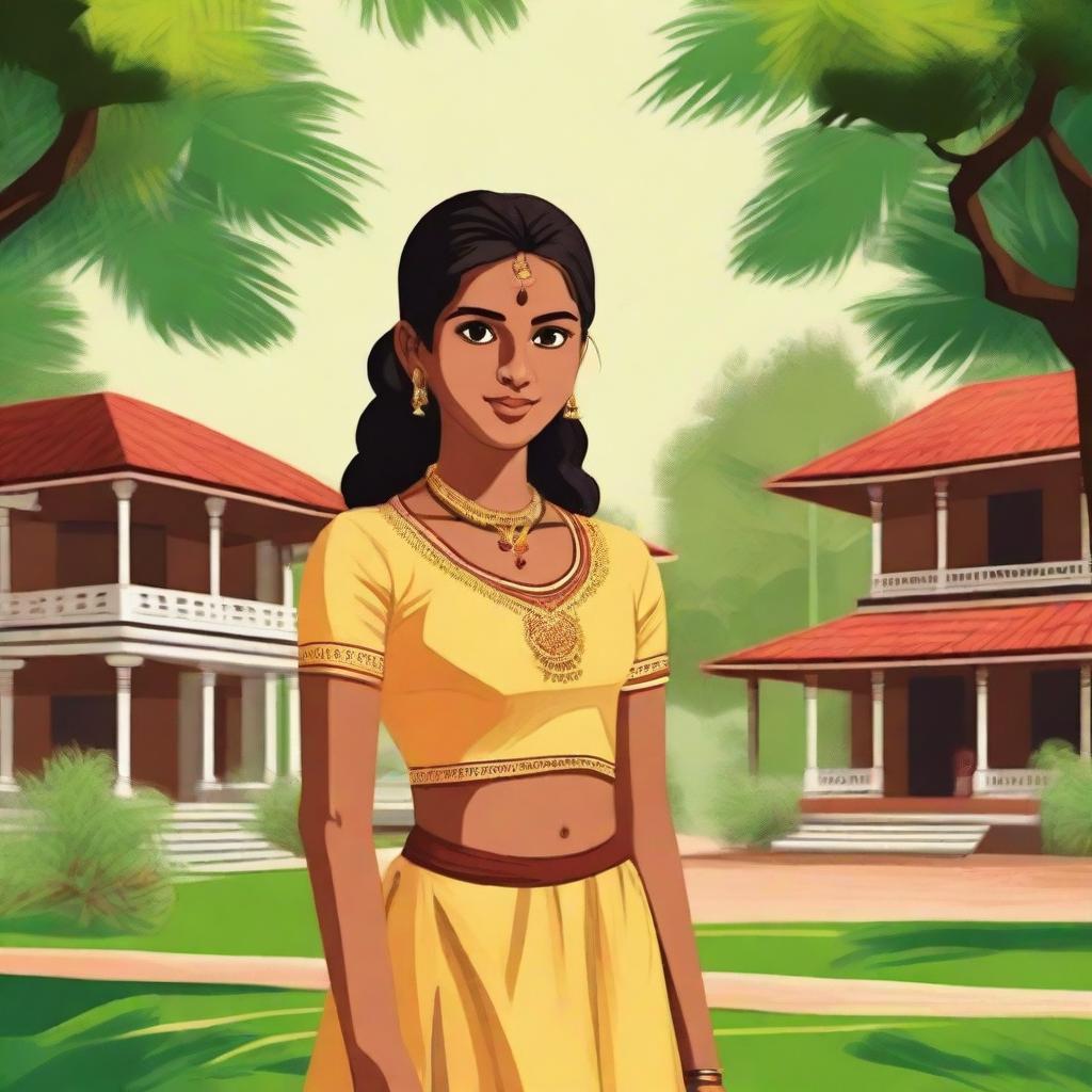 A teenage girl from Kerala with light brown skin, wearing a short skirt and a bindi on her forehead