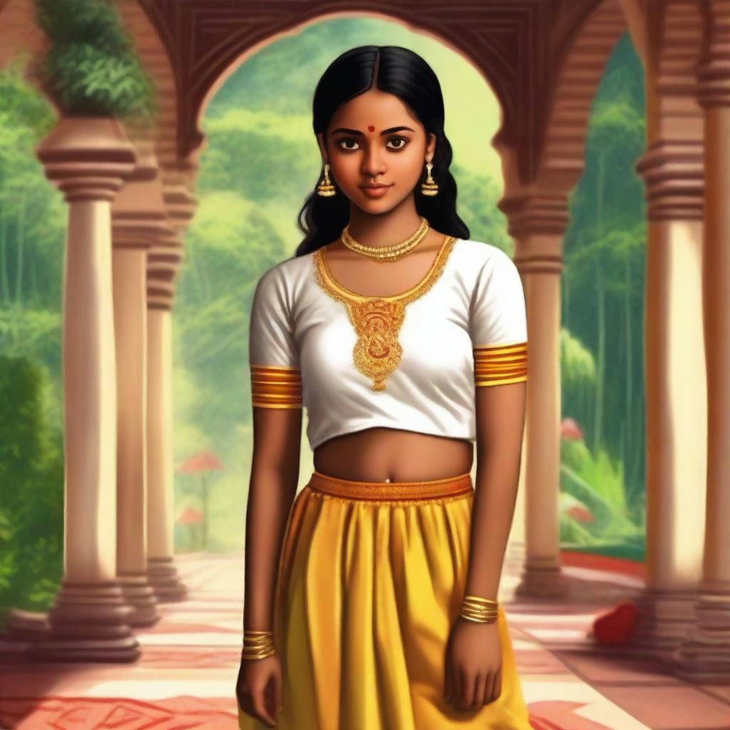 A teenage girl from Kerala with light brown skin, wearing a short skirt and a bindi on her forehead