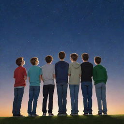 Create a high-definition, animated image of five teenage boys standing together, looking up at the star-filled night sky.