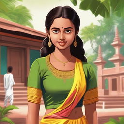 A teenage girl from Kerala with light brown skin, wearing a short skirt and a bindi on her forehead