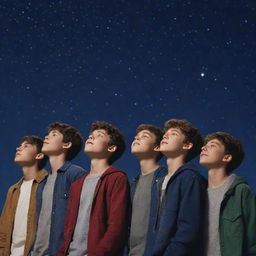 Create a high-definition, animated image of five teenage boys standing together, looking up at the star-filled night sky.