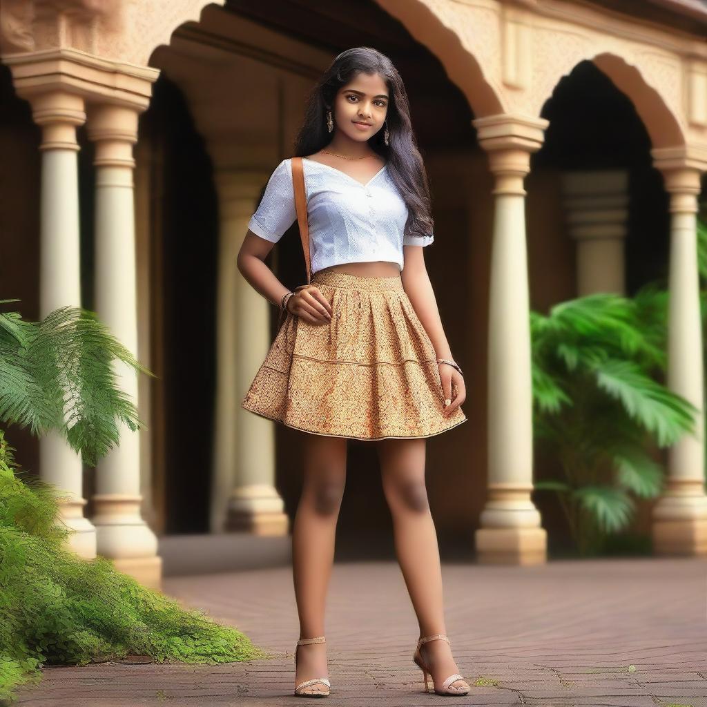 A glamorous teenage girl from Kerala with fair skin, wearing a stylish short skirt