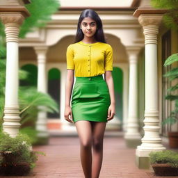 A glamorous teenage girl from Kerala with fair skin, wearing a stylish short skirt