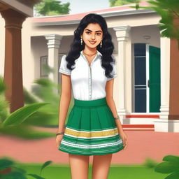 A glamorous teenage girl from Kerala with fair skin, wearing a stylish short skirt