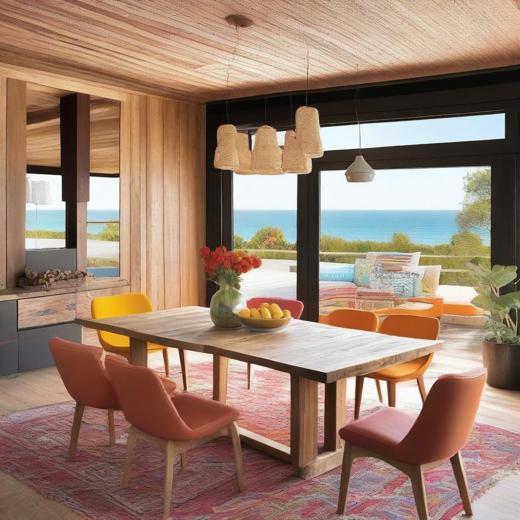 A spacious bohemian-style living room designed for a beach house, featuring a large wooden dining table measuring 240x120 cm at the center