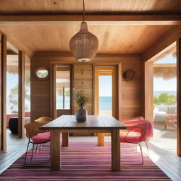 A spacious bohemian-style living room designed for a beach house, featuring a large wooden dining table measuring 240x120 cm at the center