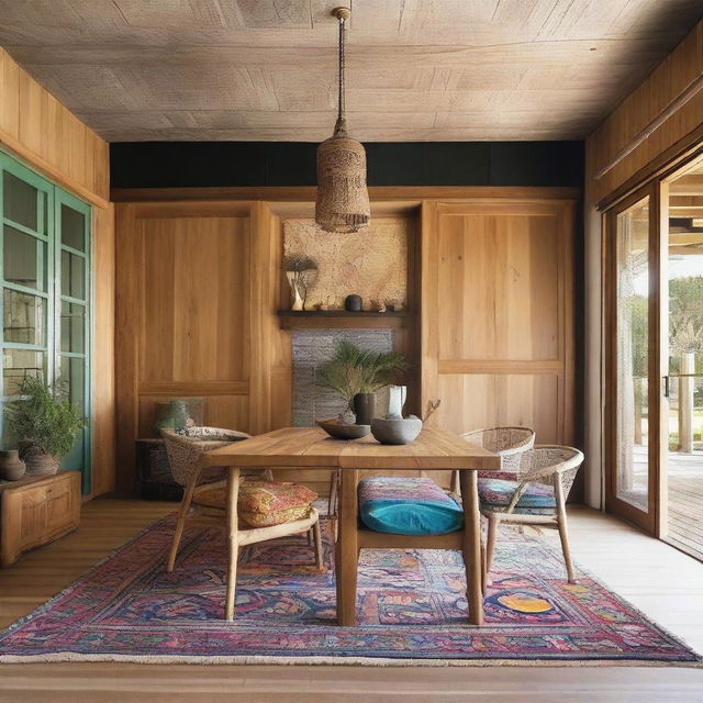 A spacious bohemian-style living room designed for a beach house, featuring a large wooden dining table measuring 240x120 cm at the center