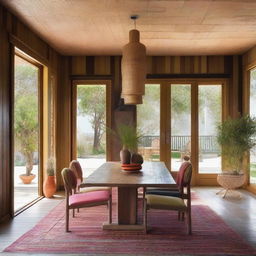 A spacious bohemian-style living room designed for a beach house, featuring a large wooden dining table measuring 240x120 cm at the center