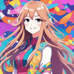 A beautiful anime girl with long flowing hair, big expressive eyes, and a cheerful smile, standing in a vibrant, colorful background