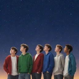 Create a high-definition, animated image of five teenage boys standing together, looking up at the star-filled night sky.