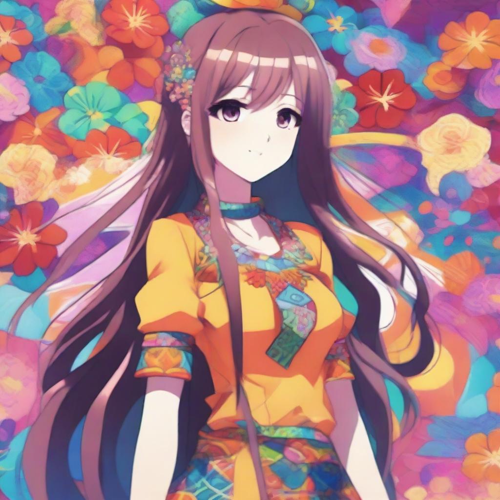 A beautiful anime girl with long flowing hair, big expressive eyes, and a cheerful smile, standing in a vibrant, colorful background