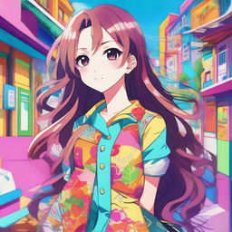 A beautiful anime girl with long flowing hair, big expressive eyes, and a cheerful smile, standing in a vibrant, colorful background