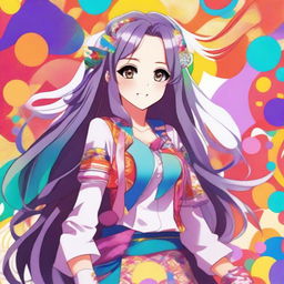 A beautiful anime girl with long flowing hair, big expressive eyes, and a cheerful smile, standing in a vibrant, colorful background