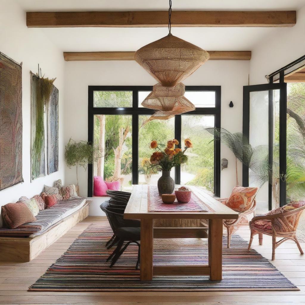 A spacious bohemian-style living room designed for a beach house, featuring a large wooden dining table measuring 240x120 cm at the center