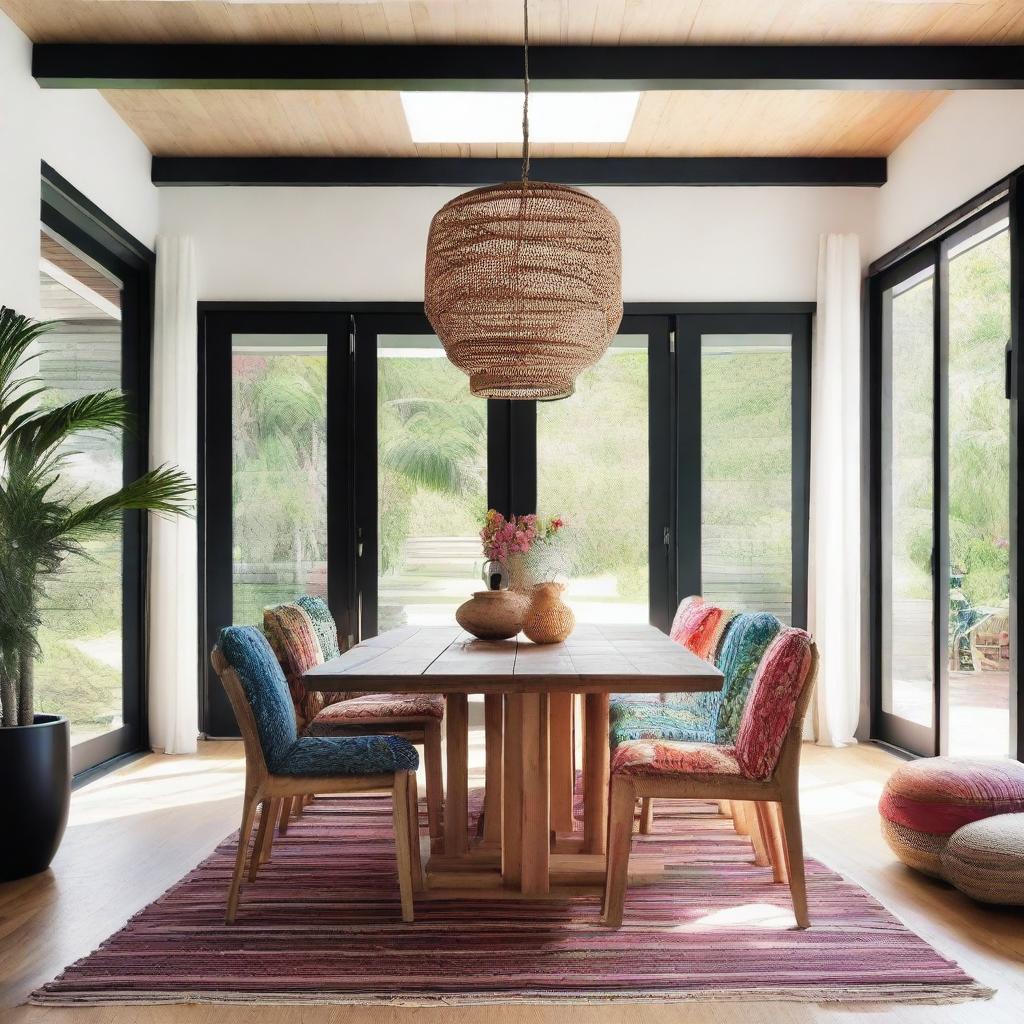 A spacious bohemian-style living room designed for a beach house, featuring a large wooden dining table measuring 240x120 cm at the center