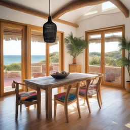 A spacious bohemian-style living room designed for a beach house, featuring a large wooden dining table measuring 240x120 cm at the center