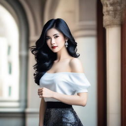 A beautiful woman with black hair, wearing a skirt, striking a pose that highlights her elegance and beauty