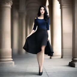 A beautiful woman with black hair, wearing a skirt, striking a pose that highlights her elegance and beauty