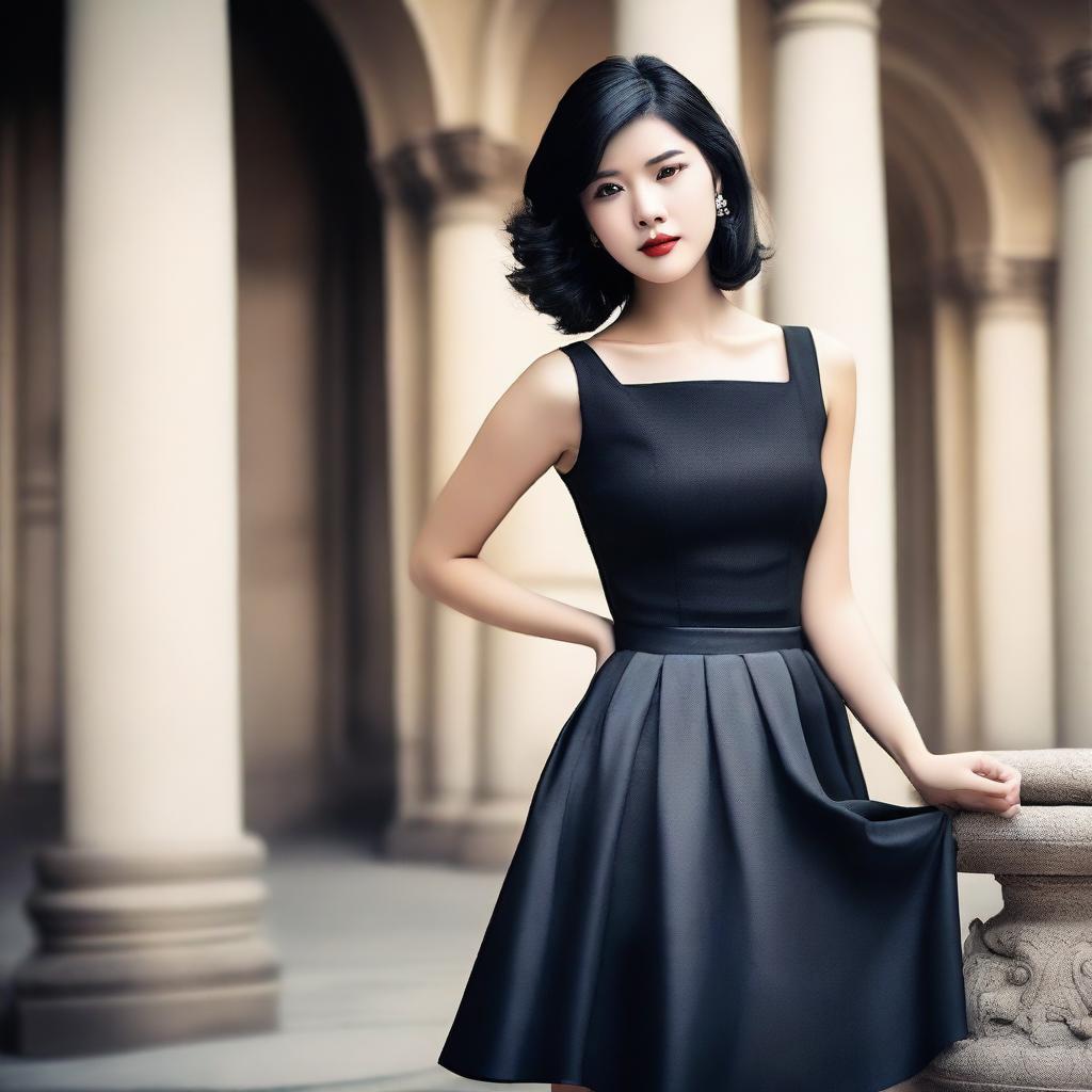 A beautiful woman with black hair, wearing a skirt, striking a pose that highlights her elegance and beauty