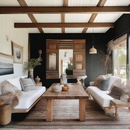 A boho-style living room in a beach house with a large wooden dining table measuring 240x120 cm, surrounded by six eclectic chairs