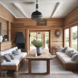 A boho-style living room in a beach house with a large wooden dining table measuring 240x120 cm, surrounded by six eclectic chairs