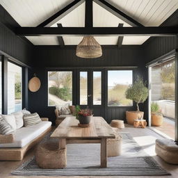 A boho-style living room in a beach house with a large wooden dining table measuring 240x120 cm, surrounded by six eclectic chairs