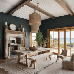 A boho-style living room in a beach house with a large wooden dining table measuring 240x120 cm, surrounded by six eclectic chairs